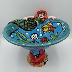 Mermaid & Sea Creatures Large Pedestal Bowl 7"Tall x 10”Diameter Nicole Engblom